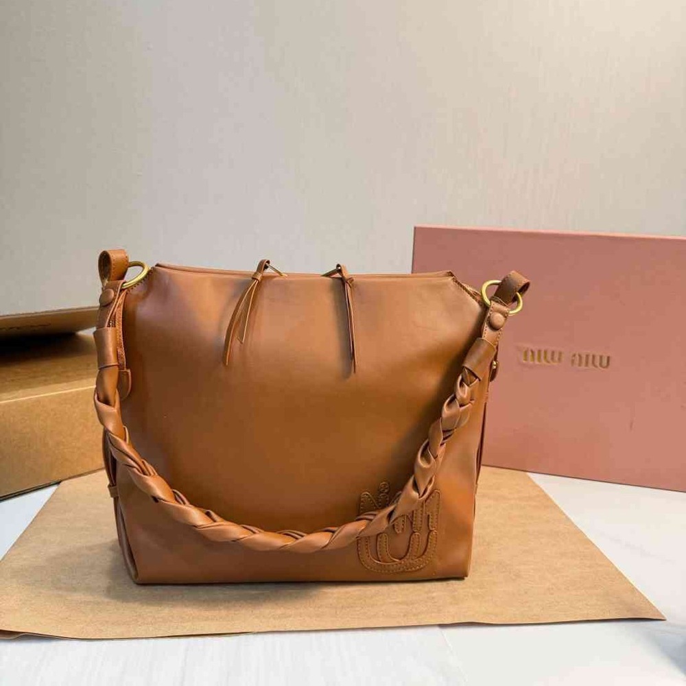 Miu Miu Embroidered Logo Brown Leather Shoulder Bag - Picture 2 of 9
